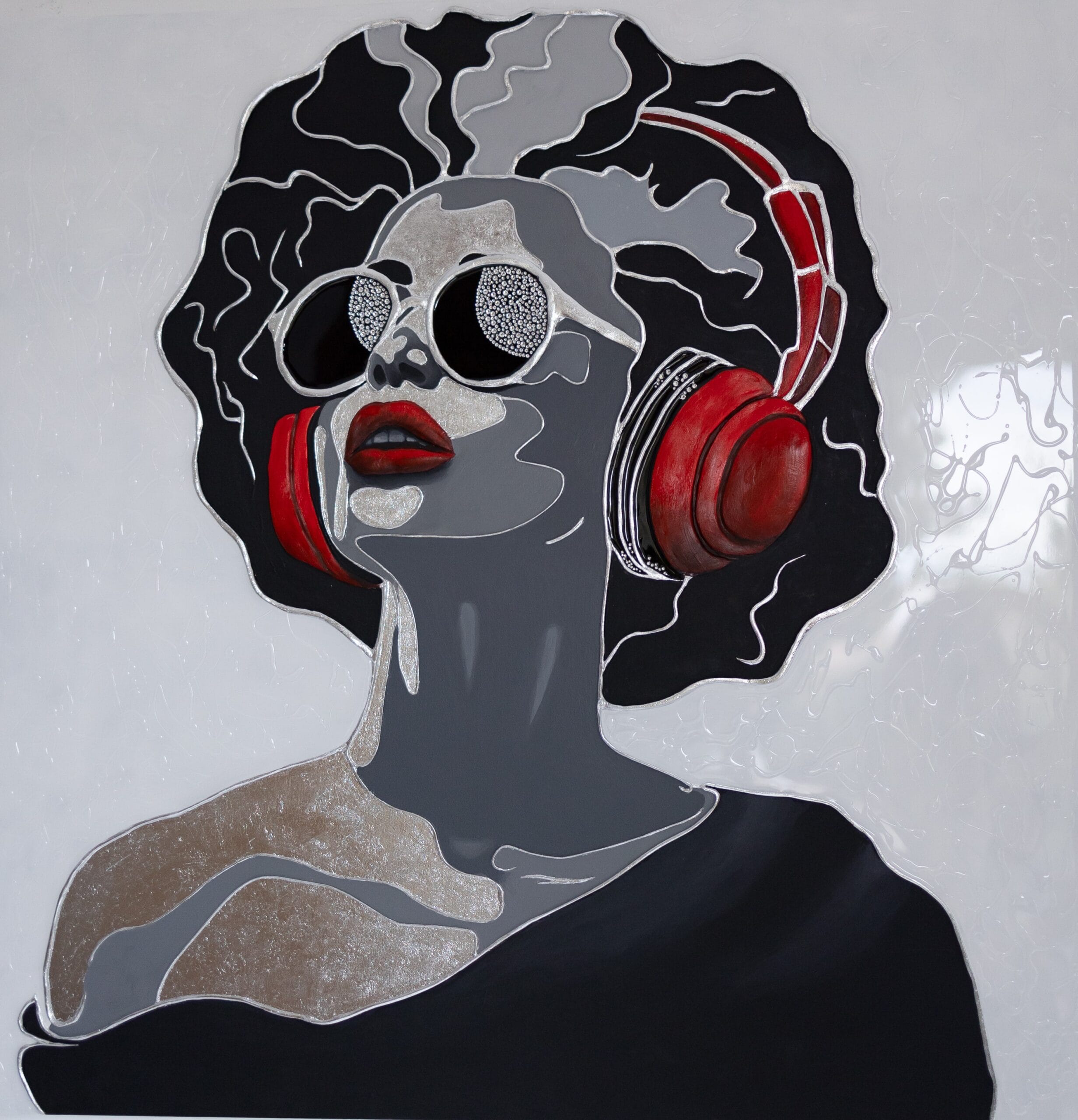 Red, White, Black and Music. Textured Painting. Pop Art Portrait